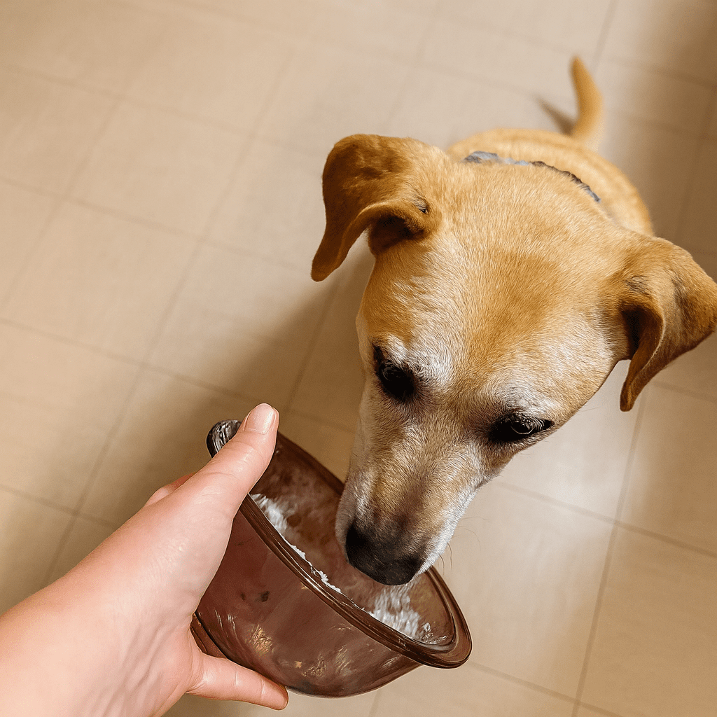 Dog being hand-fed a bowl of homemade frozen dog treat mixture during taste testing in the kitchen.