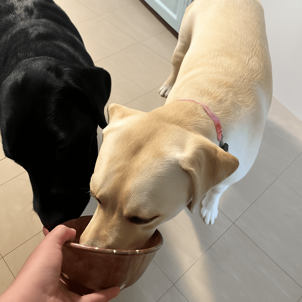 Black and yellow Lab being hand-fed a bowl of homemade frozen dog treat mixture during taste testing in the kitchen.