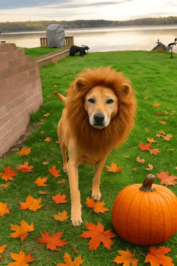 Mya dressed in a lion's mane costume standing on green grass surrounded by fall leaves next to a pumpkin.