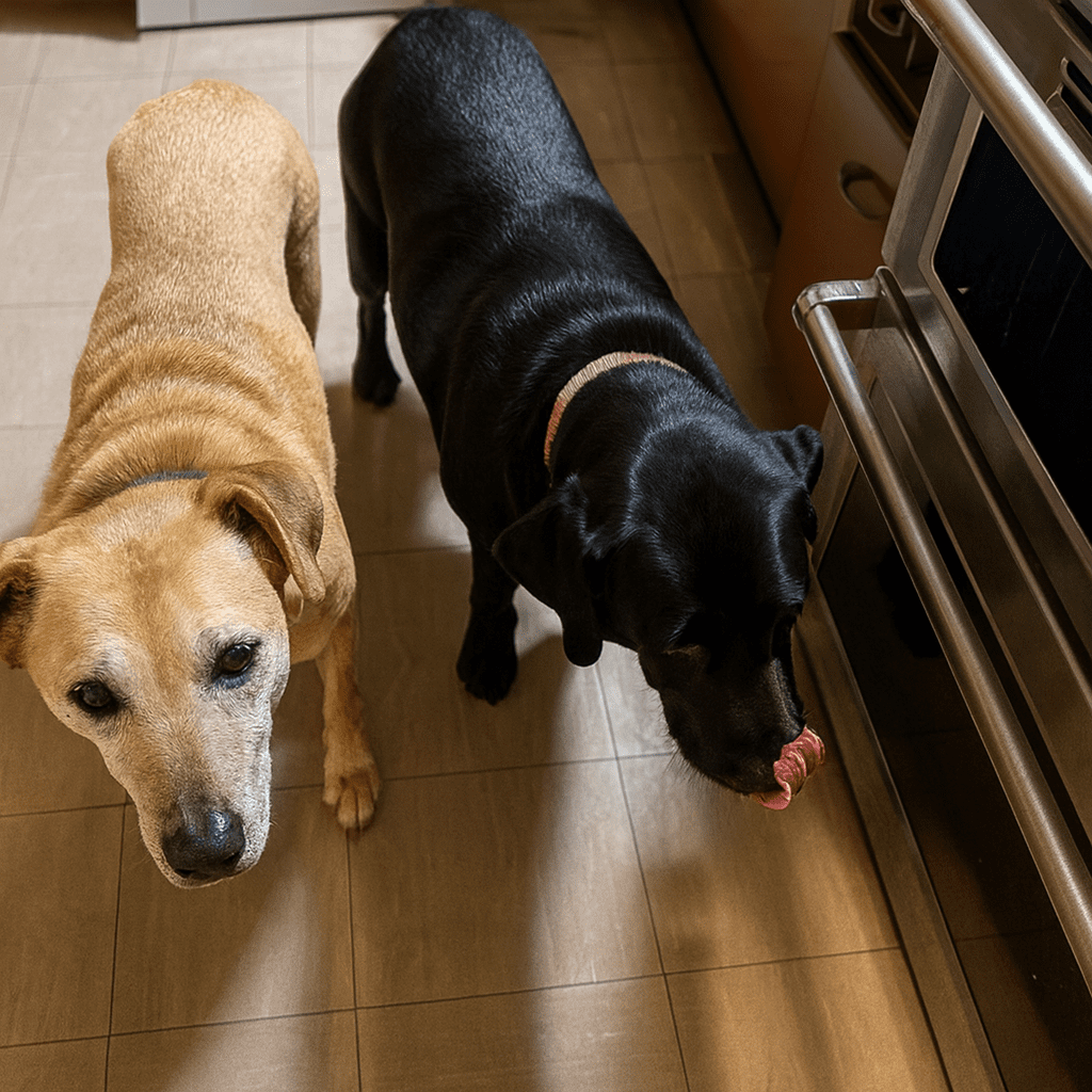 Two lLabrador dogs standing in the kitchen waiting patiently near the oven while frozen dog treats are being prepared.