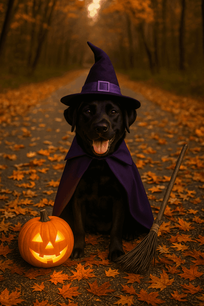 Olive dressed as a witch with a black and purpale hat and cape, sitting beside a carved pumpkin and a broom on a leaf-covered path.